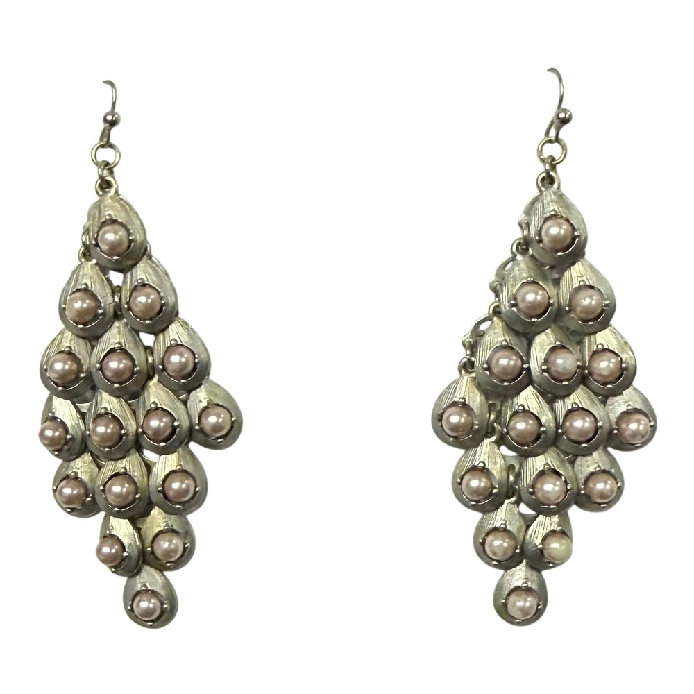 Vtg Faux Pearl Silver-Tone Chandelier Waterfall  Dangle Earrings Unsigned 90s